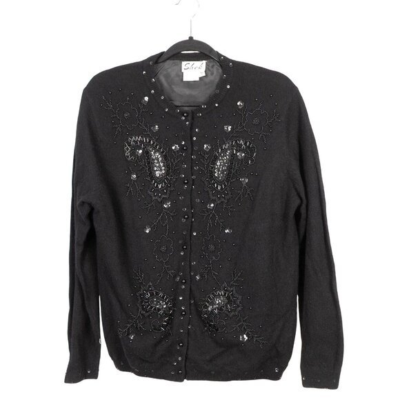 Shek Sweaters - Shek VTG 80s Beaded Cardigan Sweater 40 S Black Lambswool Angora Whimsigoth Knit